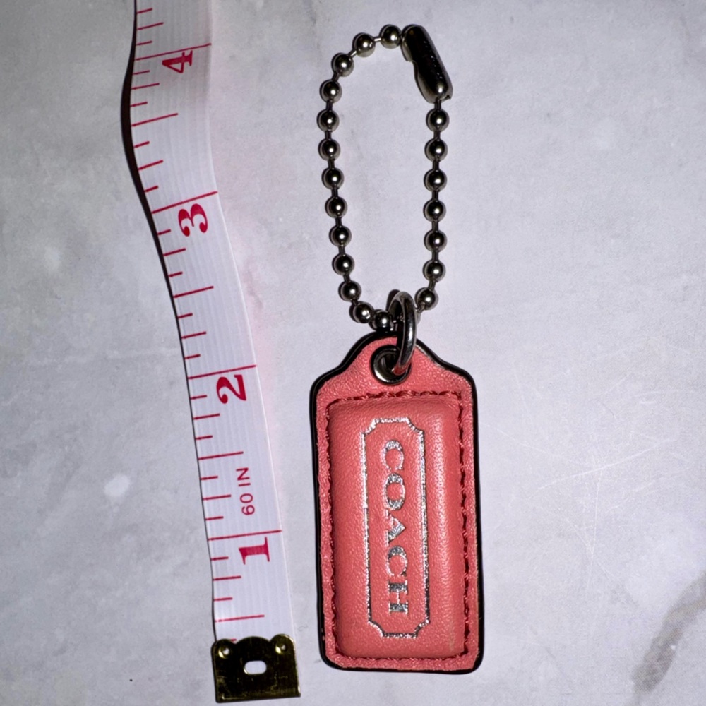 Coach Coral Pink Leather Hangtag Fob keychain with Silver Ball Chain 2” long